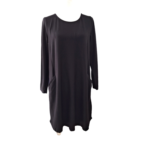 Eileen Fisher Solid Black Viscose Knit Round Neck Dress with Pockets Small S - Picture 3 of 10